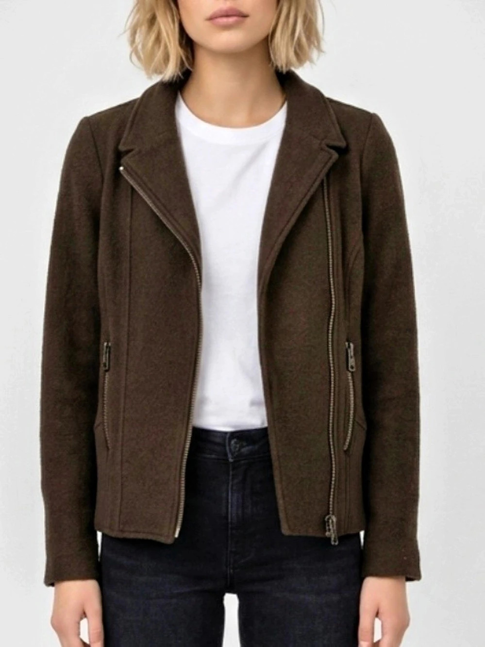 Lucky Brand Brown 100% Wool Moto Jacket Motorcycle Zip Women's Small